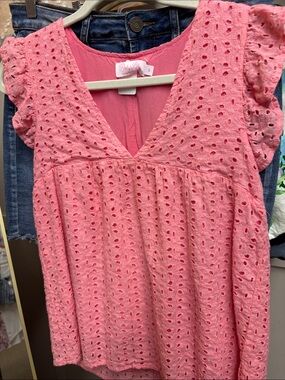 Pink Lily Pink  V-Neck Flutter Sleeve Top small